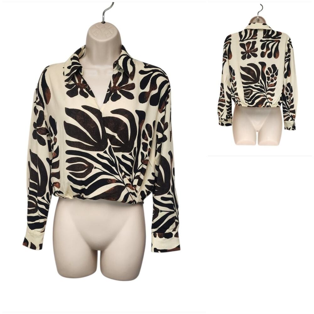 T Tahari Long Sleeve V-Neck Brown/Beige Blouse Crop Top Size XS